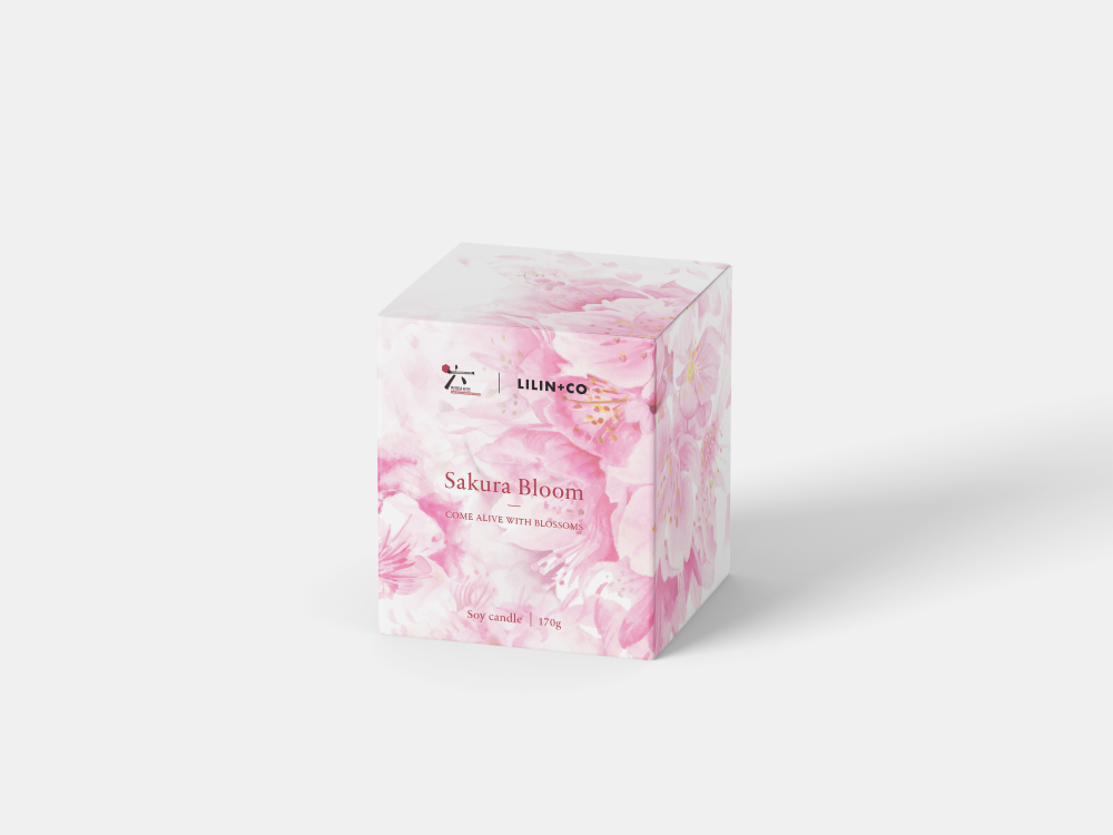Roku Gin x Lilin+Co Sakura Bloom 170g wood wick candle in customised box packaging